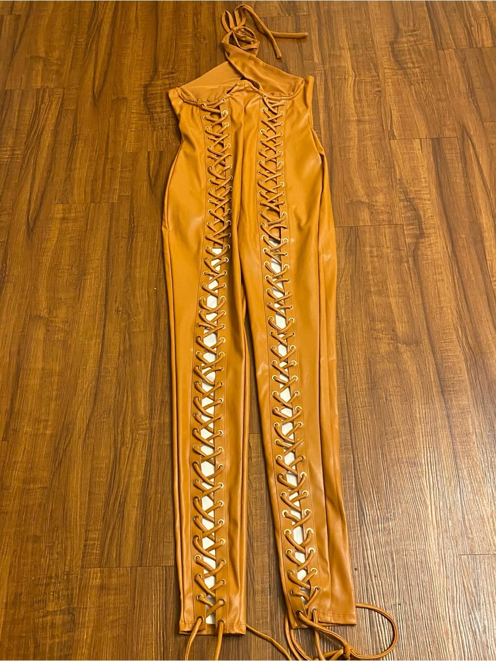 New Ladies Lace-Up Faux Leather Jumpsuit in Camel Size Small